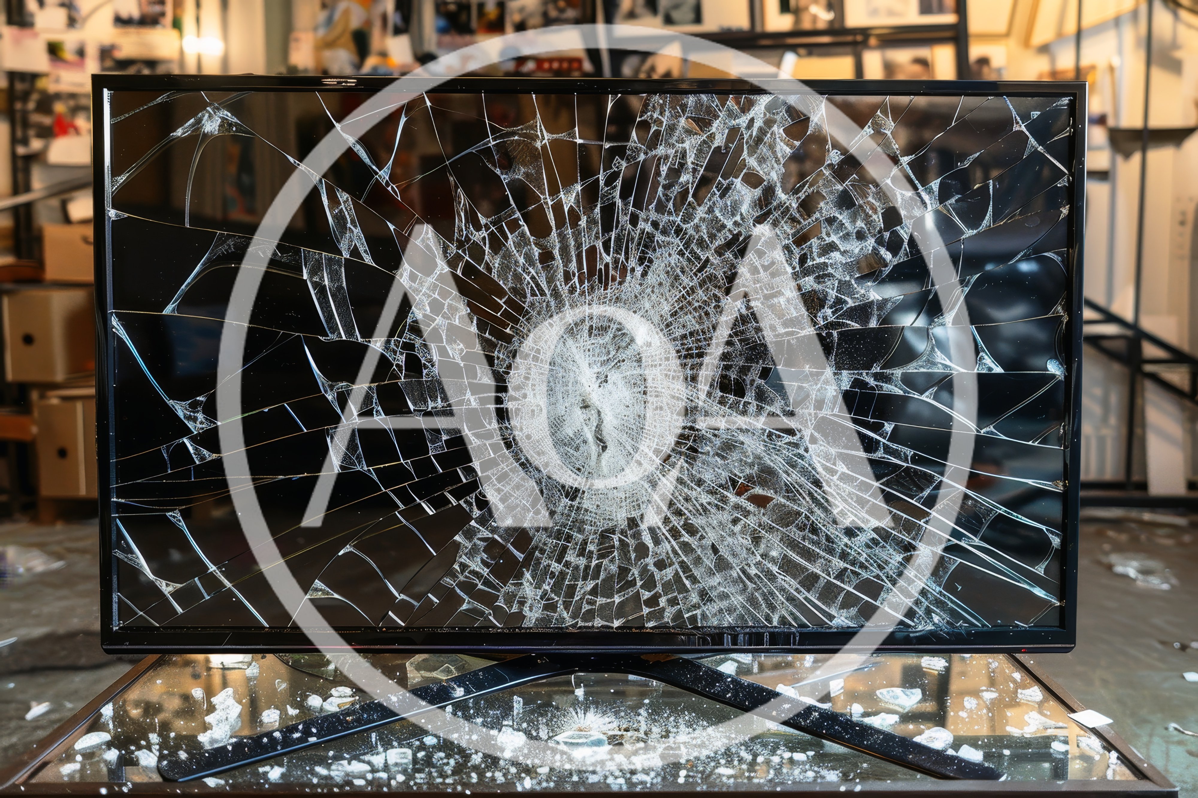 Broken Television Screen With Shattered Glass Display