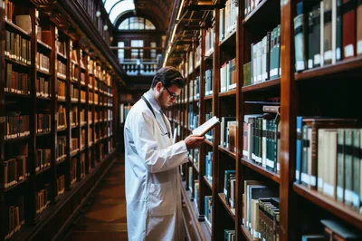 Doctor Reading Medical Book In A Historic Library