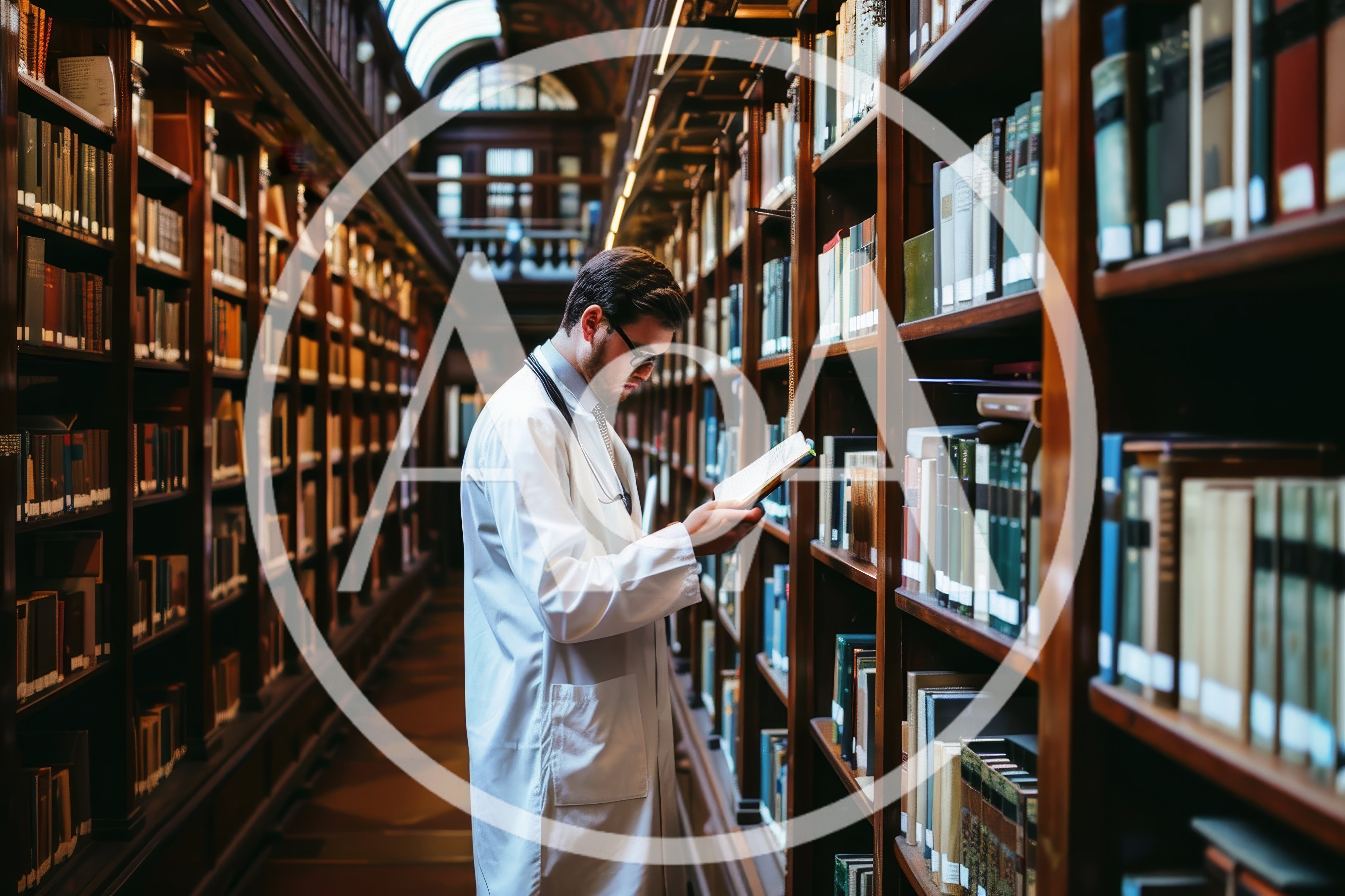 Doctor Reading Medical Book In A Historic Library