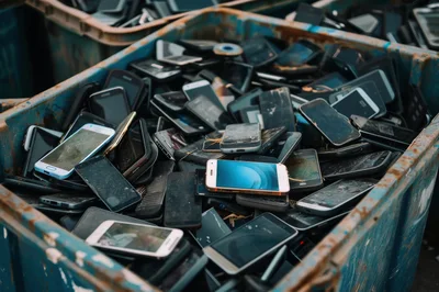 Pile Of Discarded Old Smartphones In A Recycling Bin