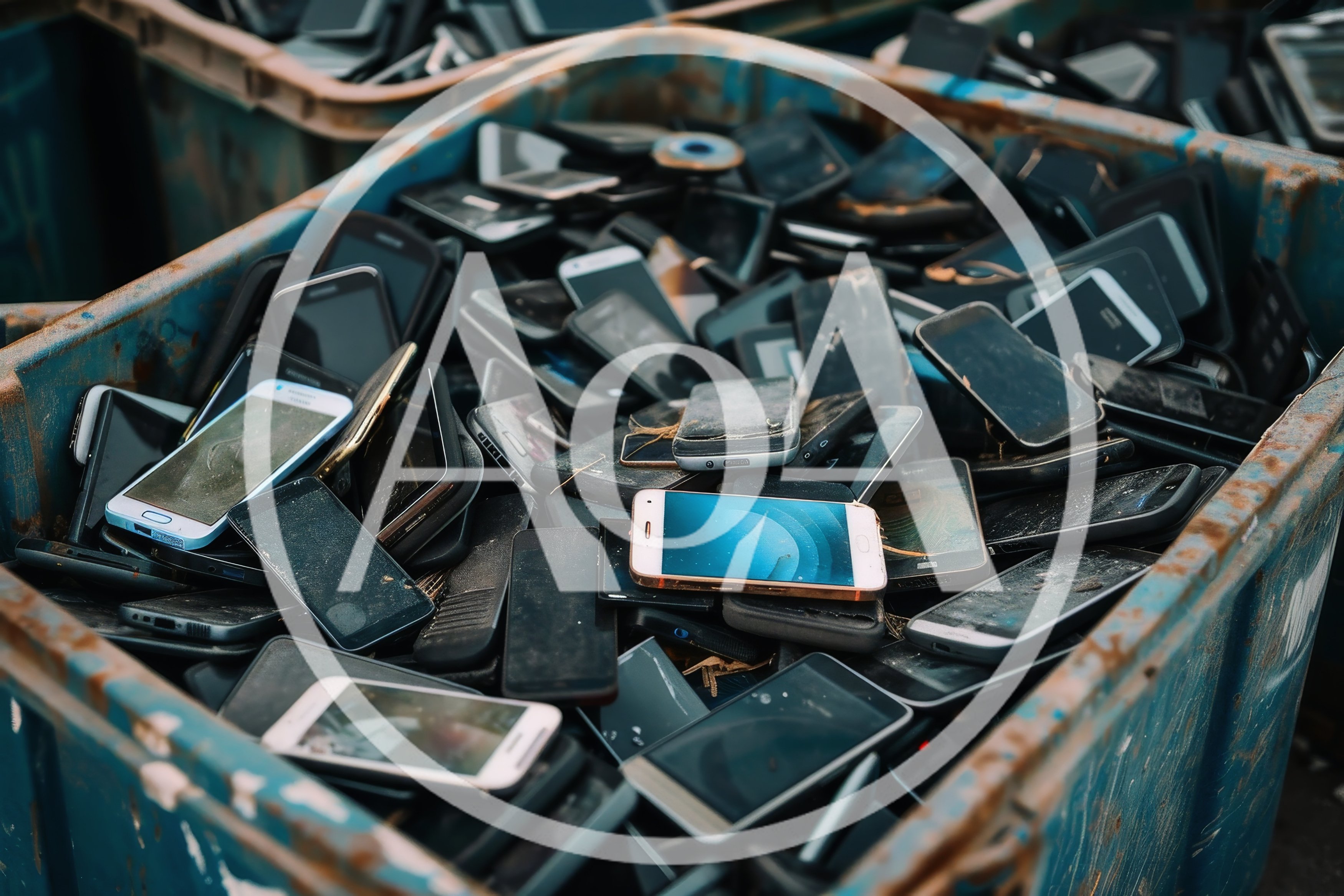 Pile Of Discarded Old Smartphones In A Recycling Bin