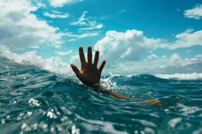 Hand Reaching Out From Ocean Waves