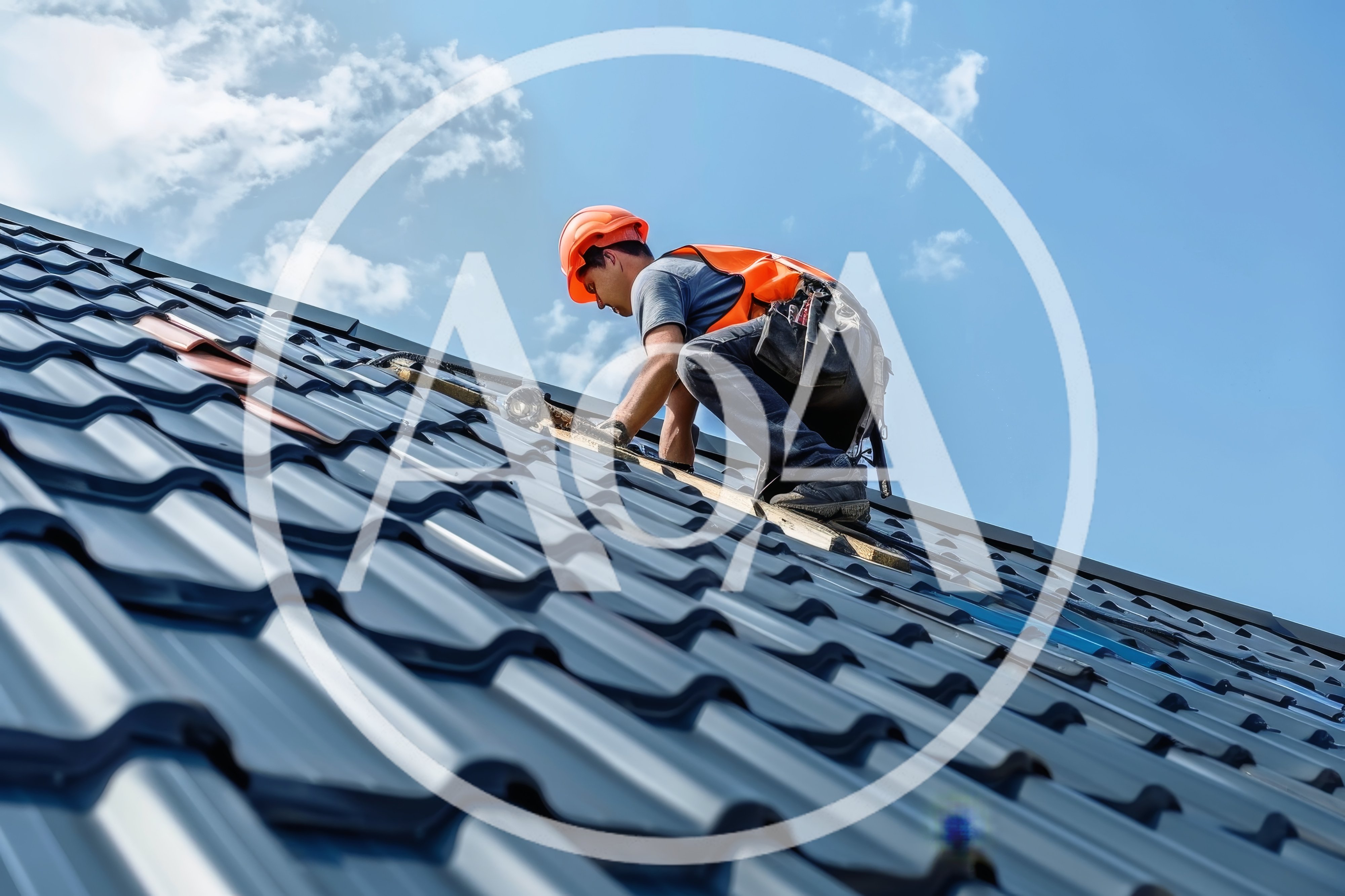 Construction Worker Installing Metal Roofing Tiles