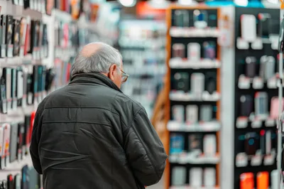Elderly Man Shopping For Phone Accessories In Retail Store
