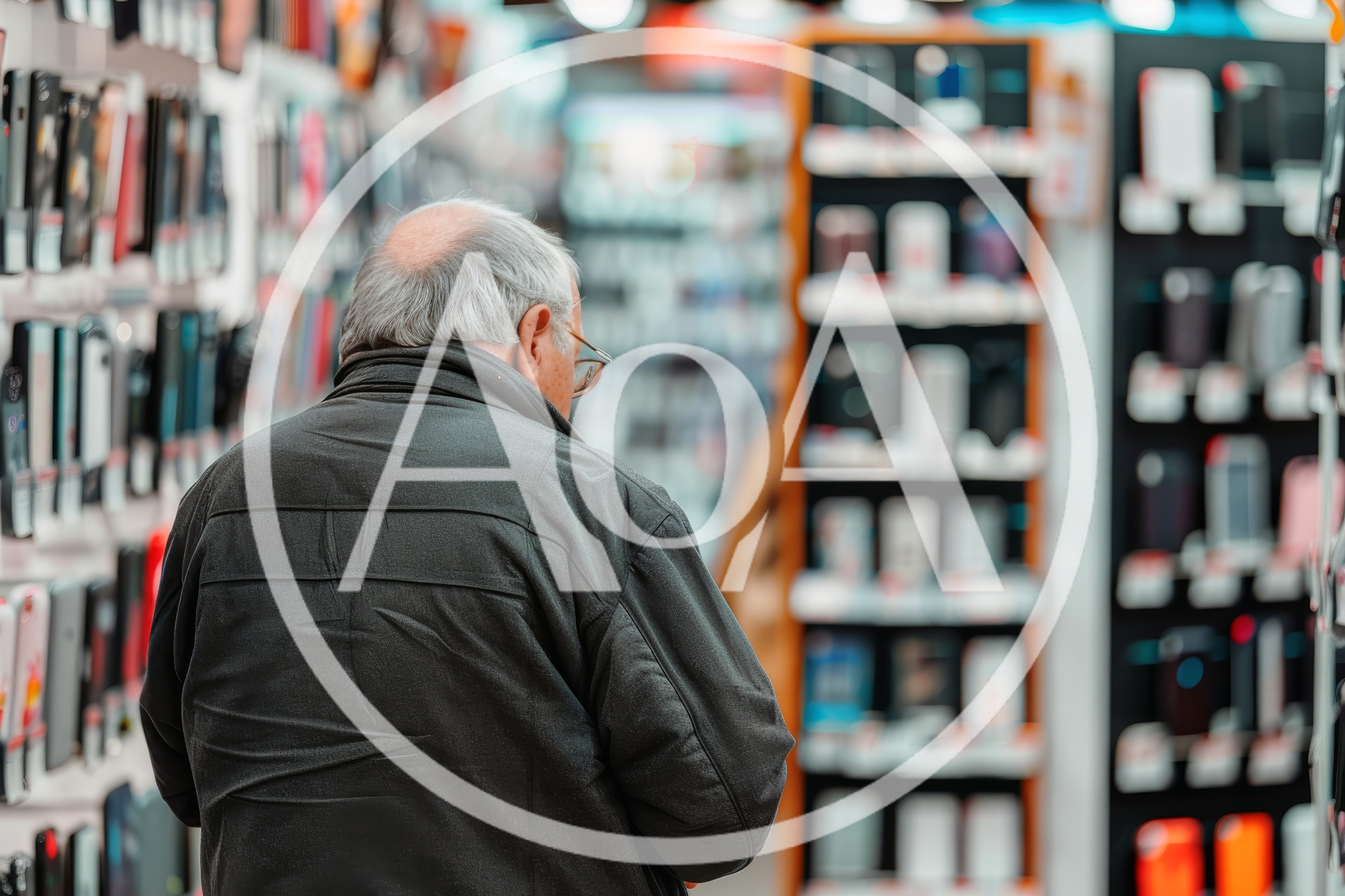 Elderly Man Shopping For Phone Accessories In Retail Store