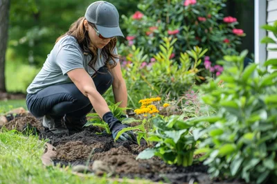 Woman Gardening and Planting Flowers in Backyard