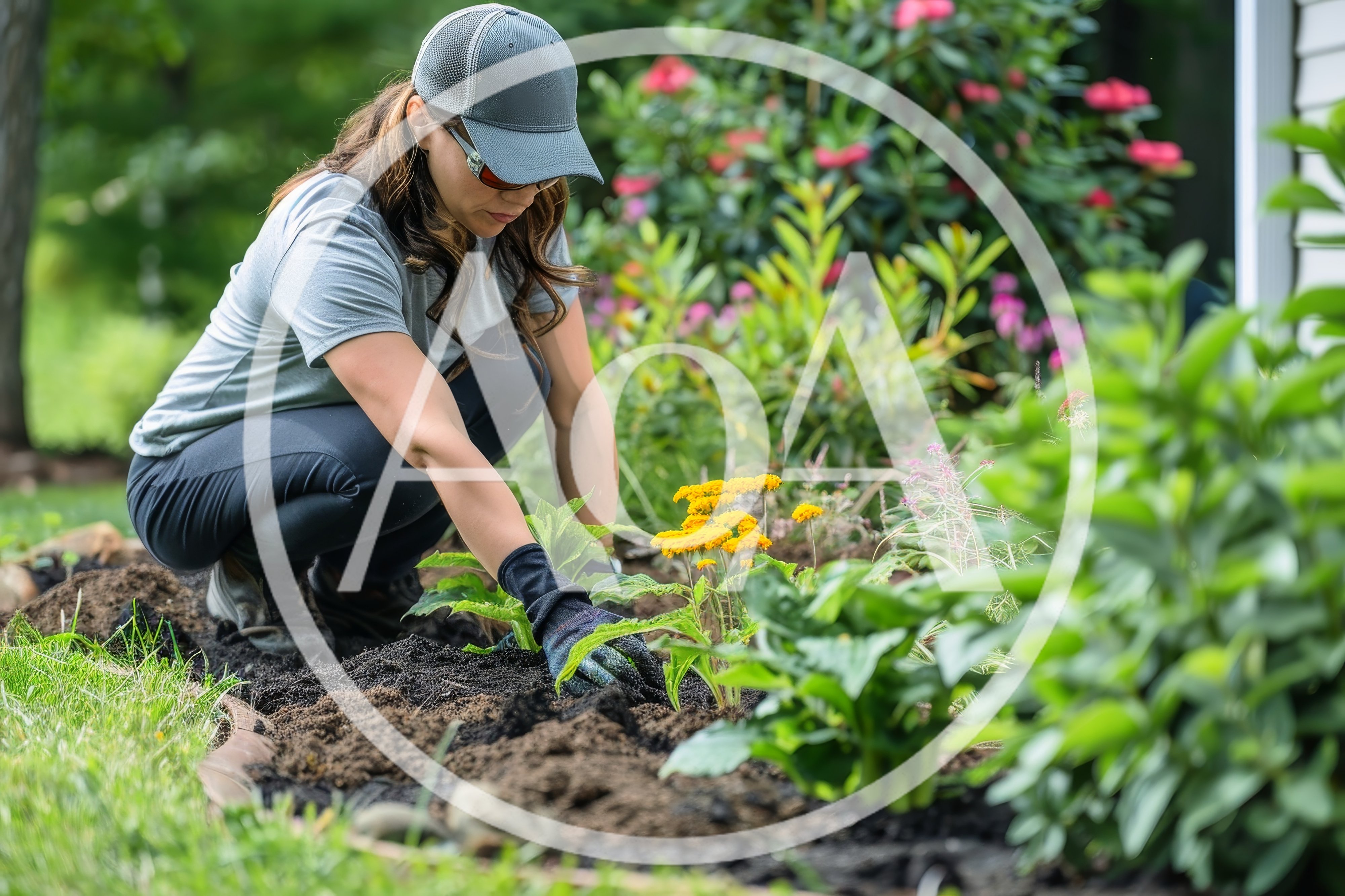 Woman Gardening and Planting Flowers in Backyard