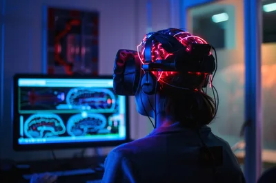 Person Wearing Advanced Virtual Reality Brain Interface Headset