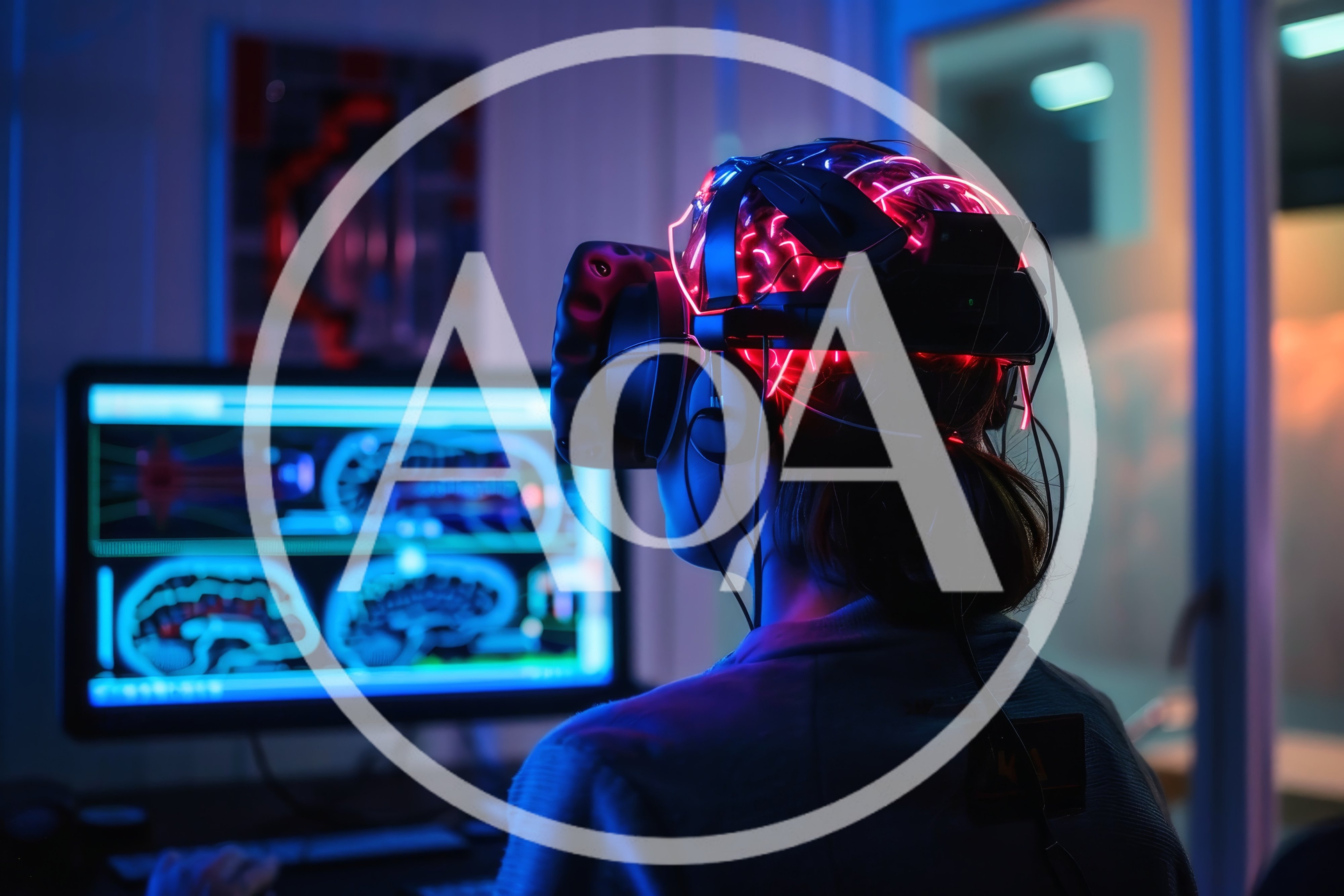 Person Wearing Advanced Virtual Reality Brain Interface Headset