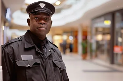 Security Guard Standing In A Modern Shopping Mall