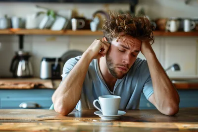 Exhausted Man Sitting At Kitchen Table With Coffee