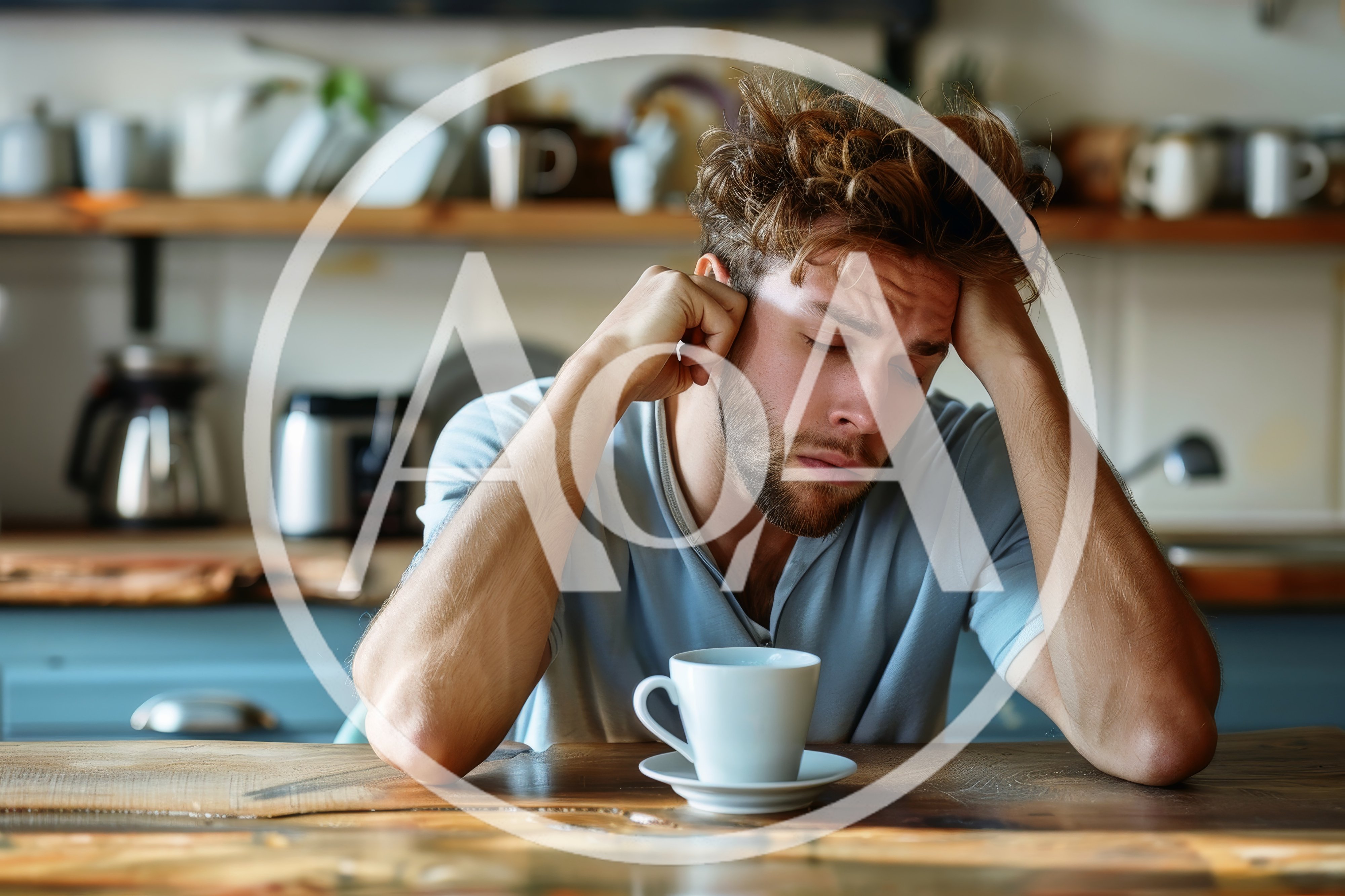 Exhausted Man Sitting At Kitchen Table With Coffee