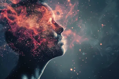 Abstract Human Profile Dissolving Into Cosmic Stardust Particles