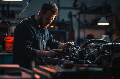 Mechanic Working On A Car Engine In A Workshop