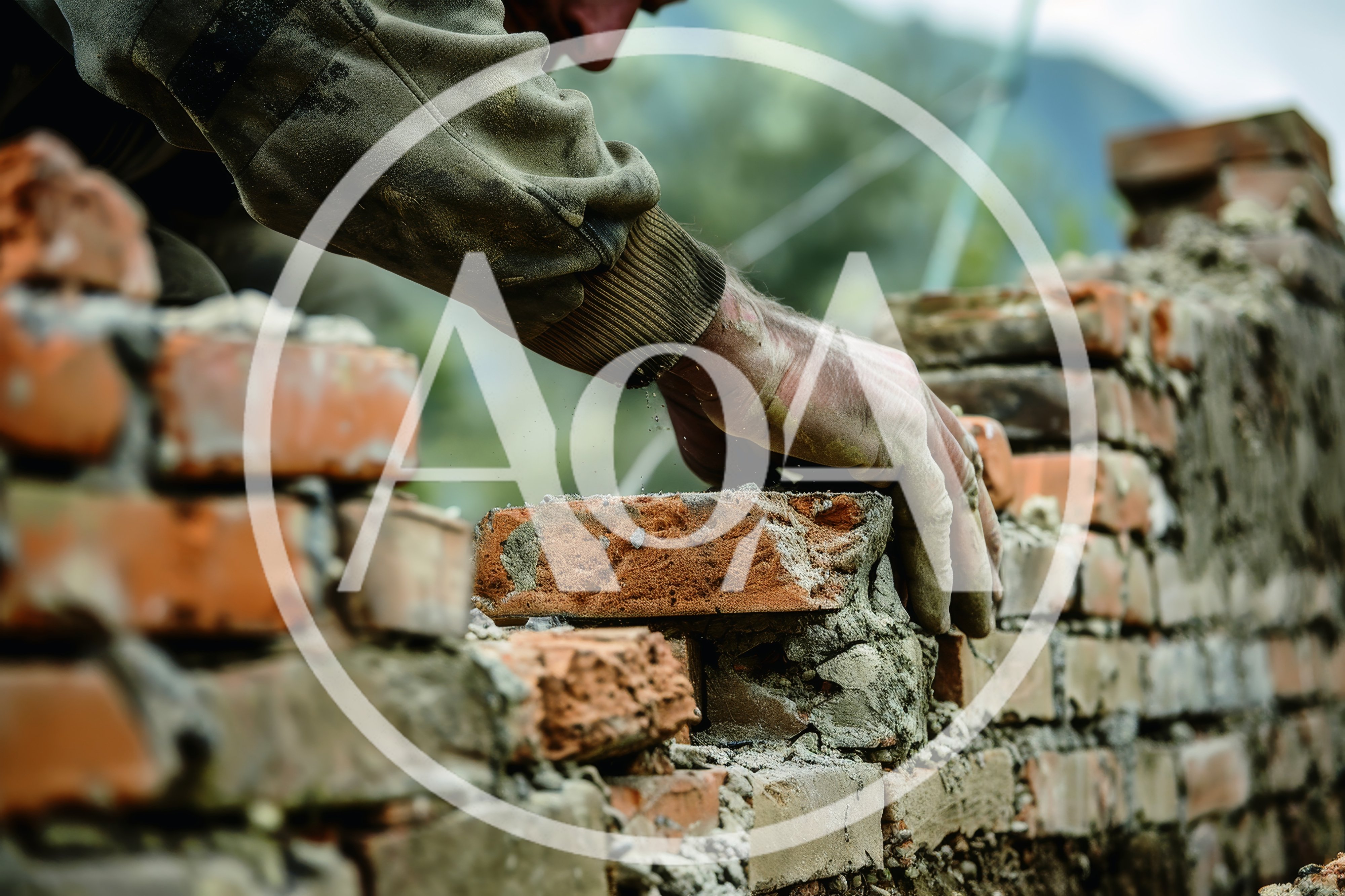 Bricklayer Laying Red Bricks On A Construction Site