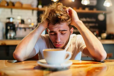 Stressed Young Man Sitting With Coffee In A Cafe