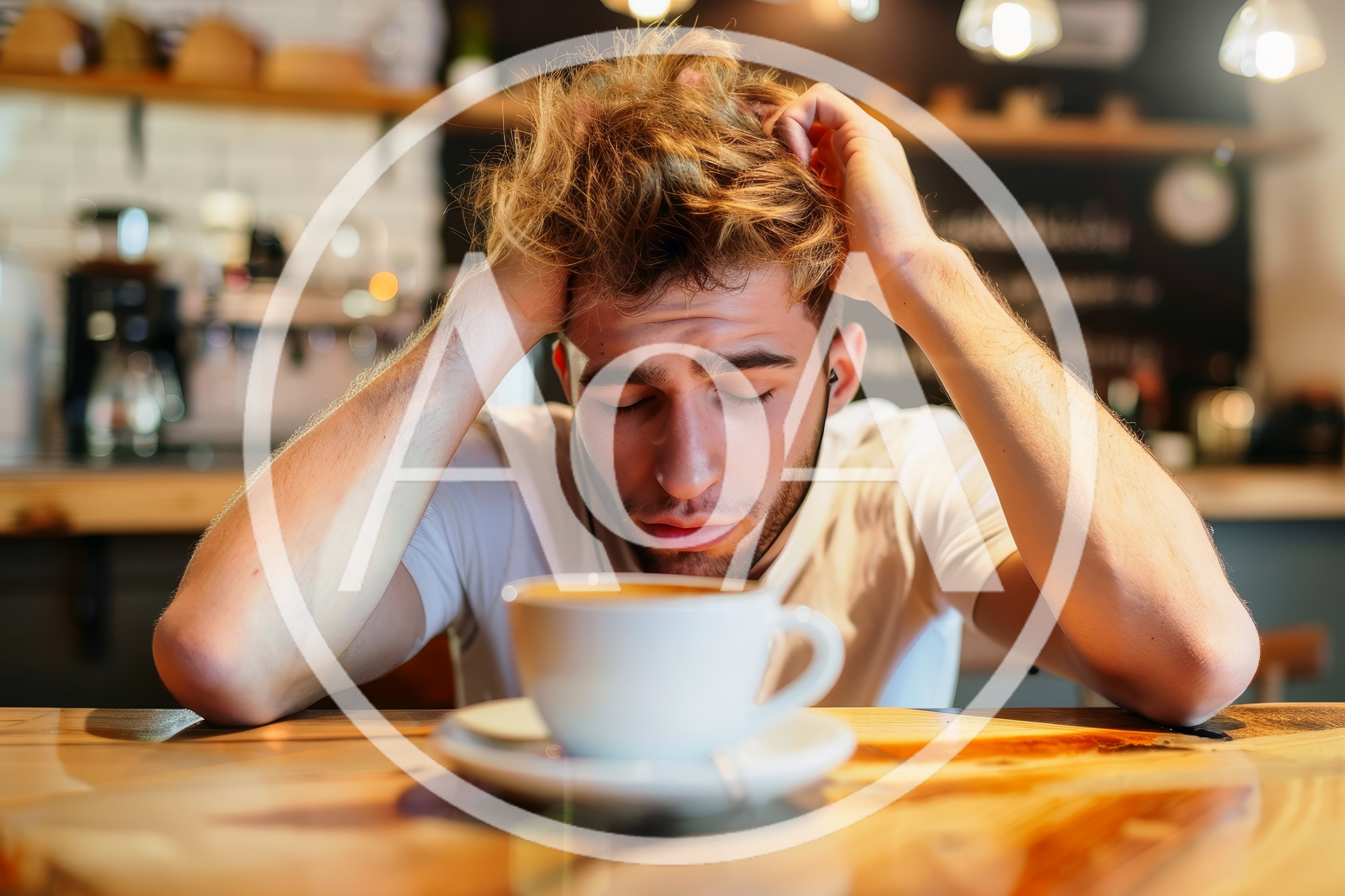 Stressed Young Man Sitting With Coffee In A Cafe