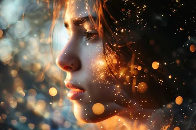 Close Up Portrait Of A Woman With Magical Golden Particles