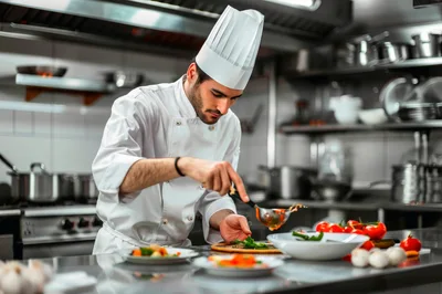 Professional Chef Plating Gourmet Dish in Restaurant Kitchen