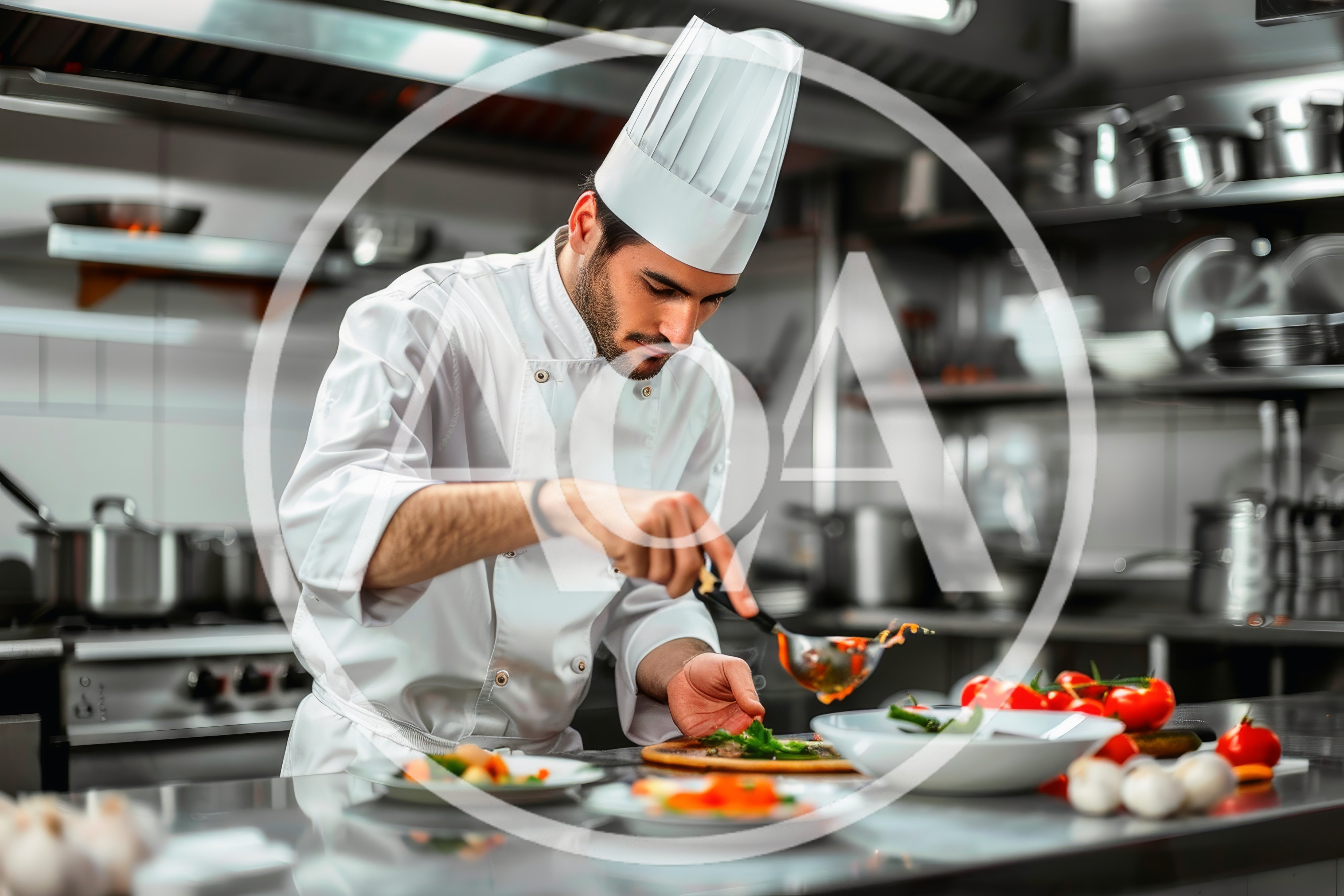 Professional Chef Plating Gourmet Dish in Restaurant Kitchen
