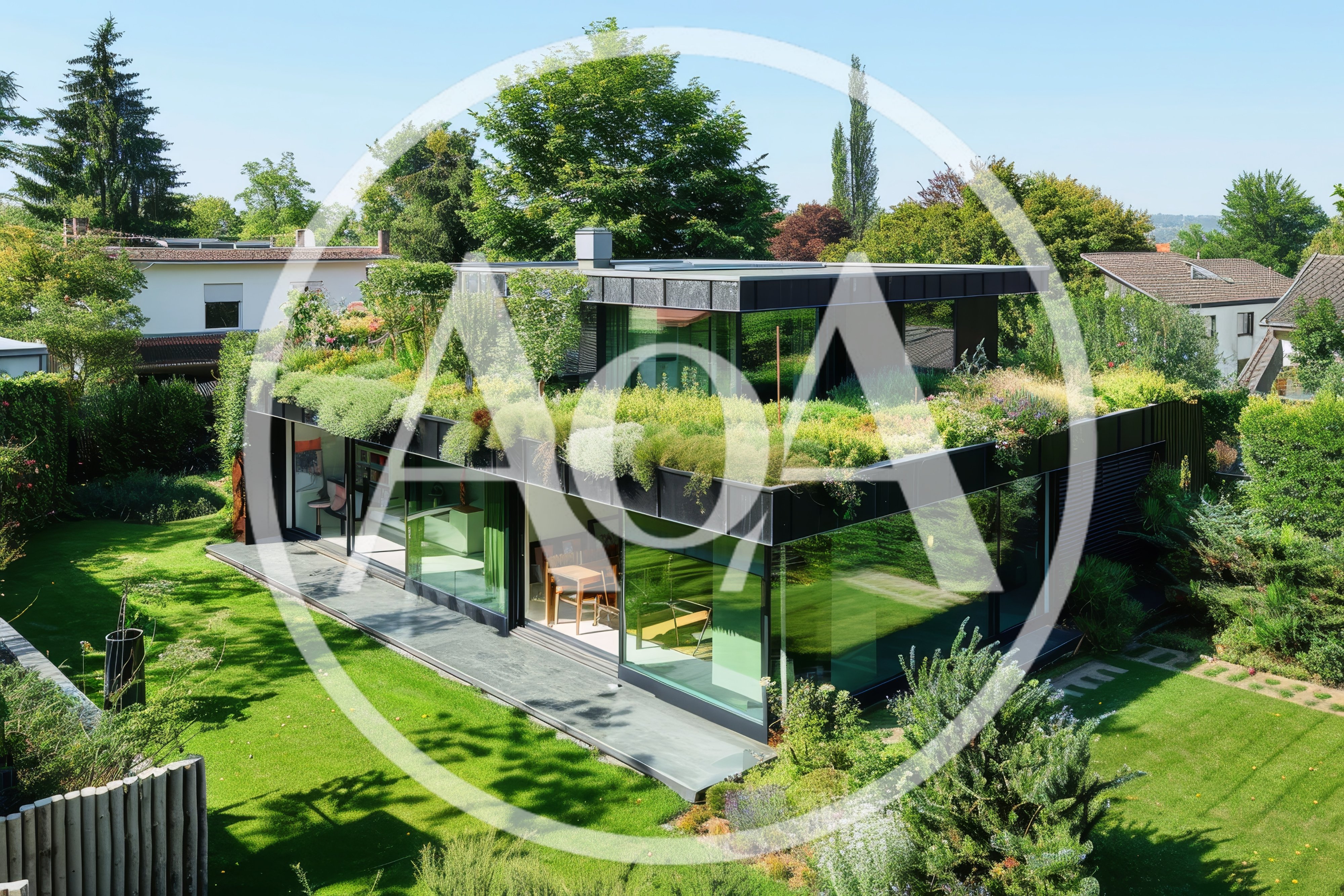 Modern Residential House With Green Roof And Garden