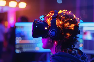 Person Wearing Virtual Reality Headset With Glowing Neural Connections
