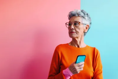 Senior Woman Holding Smartphone Against Colorful Background