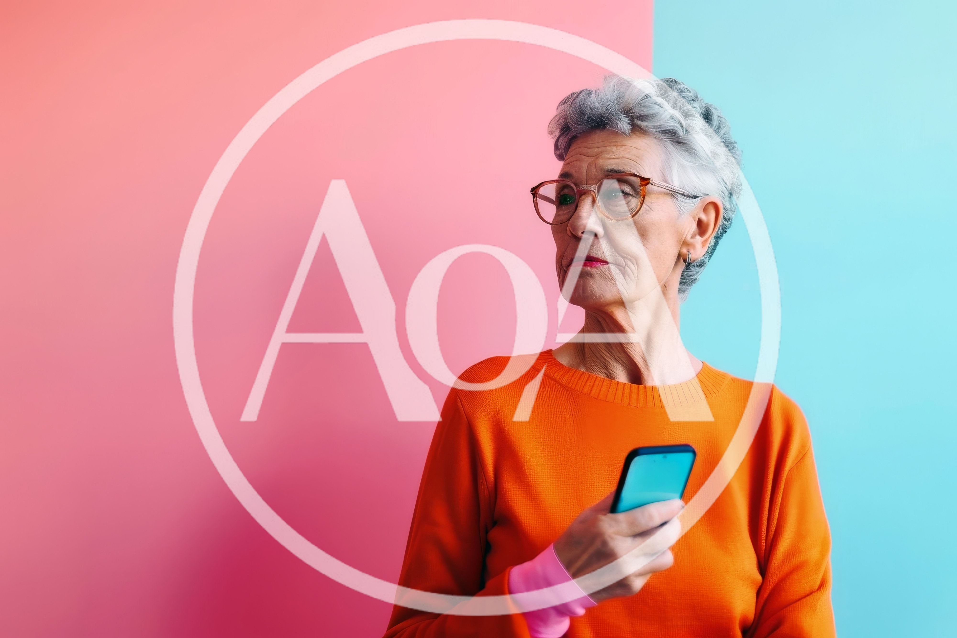 Senior Woman Holding Smartphone Against Colorful Background