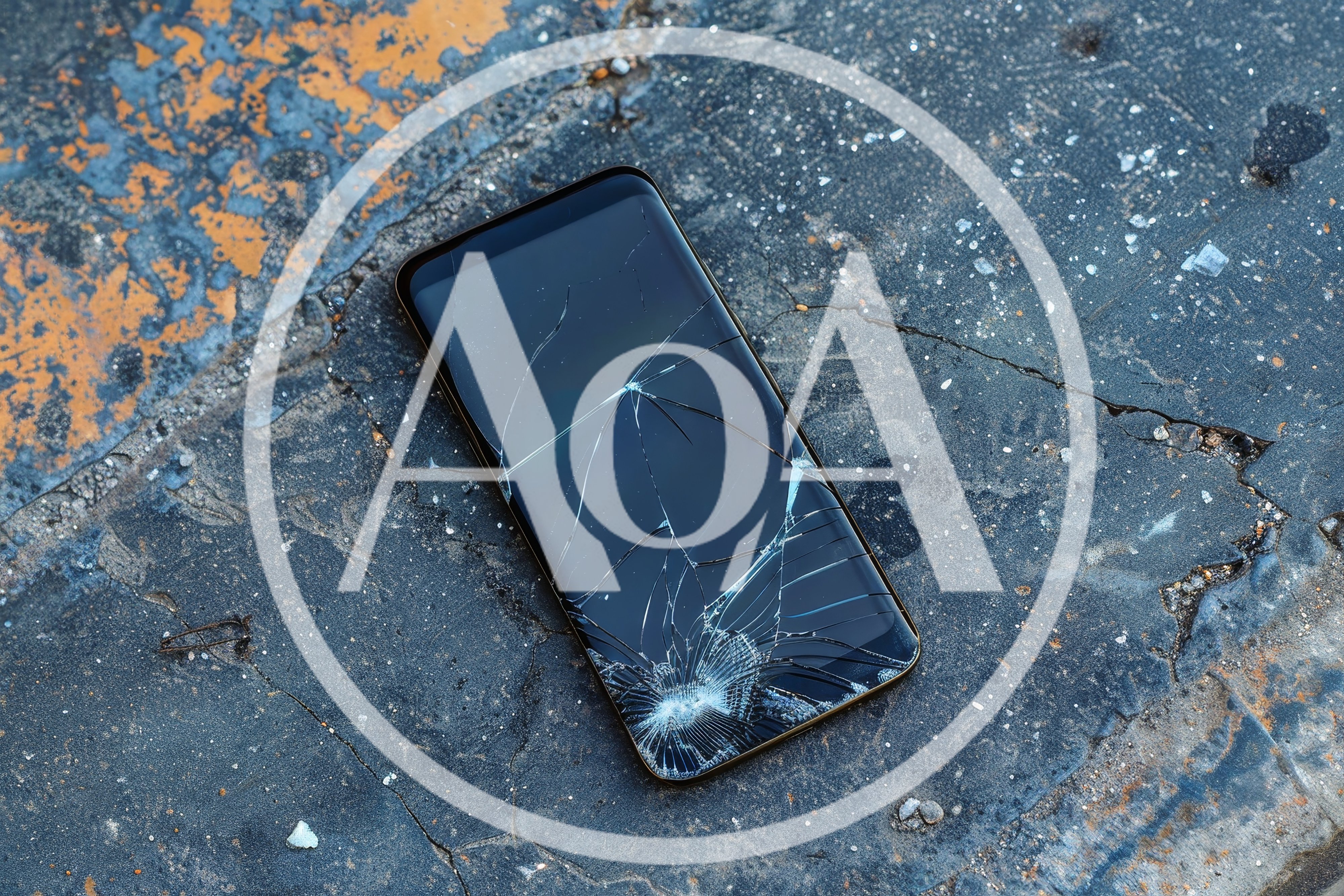 Broken Smartphone Screen Lying On Cracked Concrete Ground
