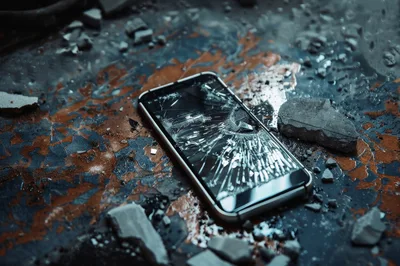 Broken Smartphone Screen Lying On Debris Covered Surface