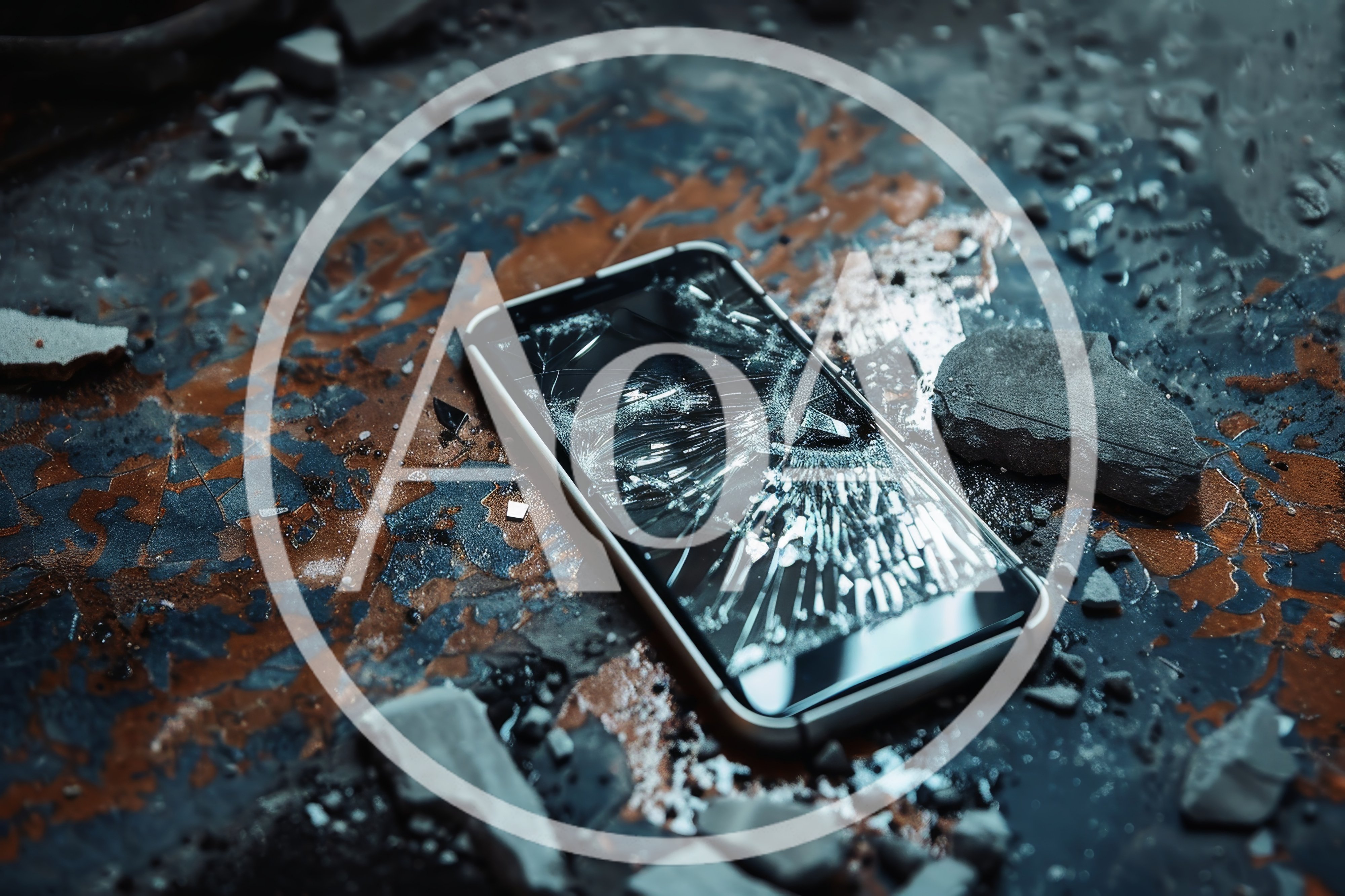 Broken Smartphone Screen Lying On Debris Covered Surface
