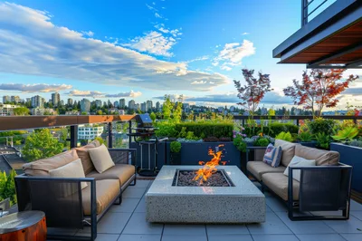 Modern Rooftop Terrace With Fire Pit And City View