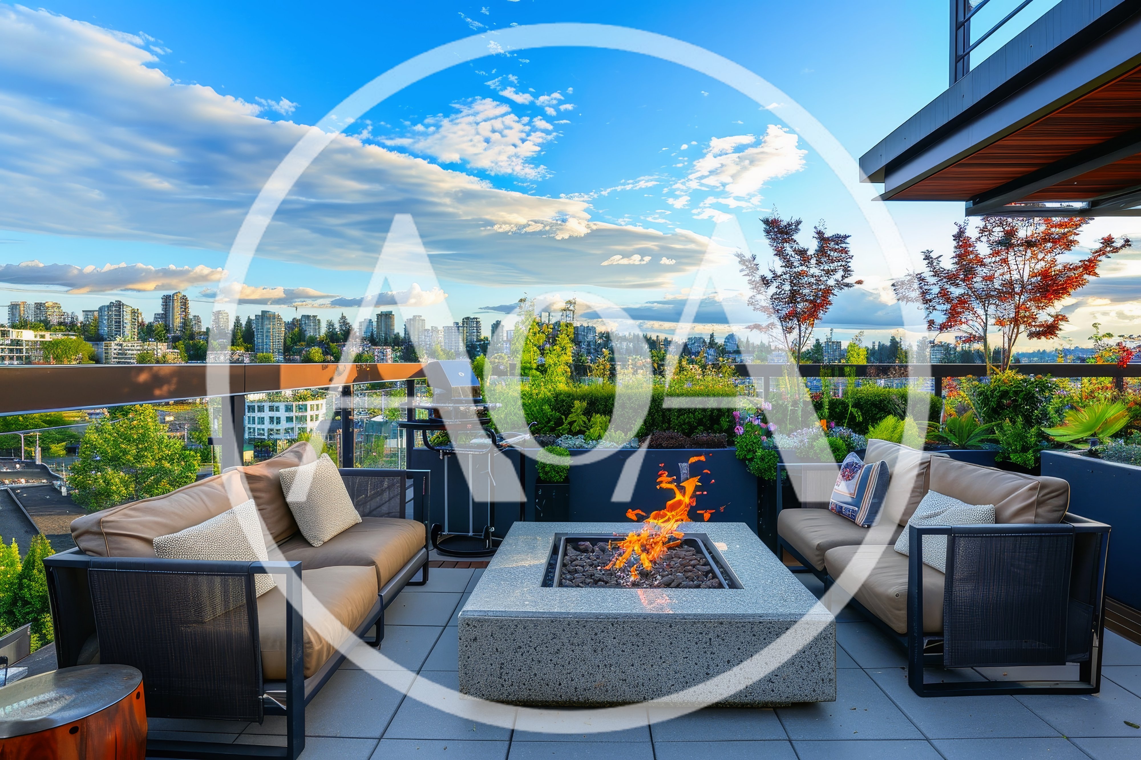 Modern Rooftop Terrace With Fire Pit And City View