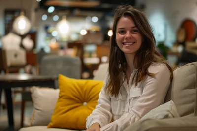 Young Woman Smiling While Sitting On A Sofa