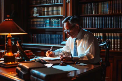 Mature Businessman Writing Documents in Classic Library Office
