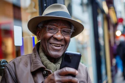 Elderly African American Man Using Smartphone Outdoors