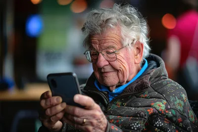 Elderly Man Using Smartphone In Public Setting