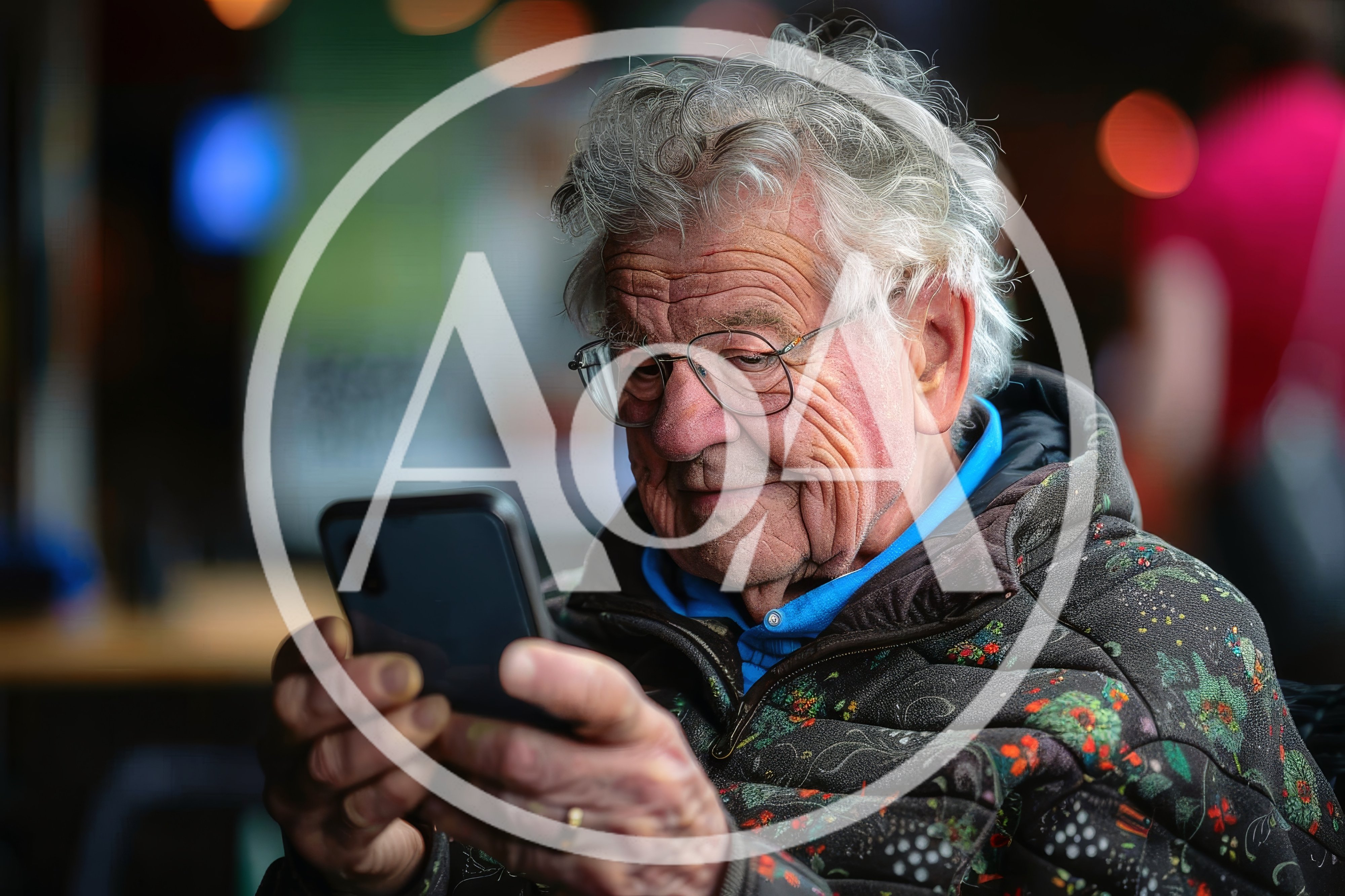 Elderly Man Using Smartphone In Public Setting