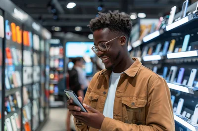 Young Man Browsing Smartphone in Electronics Store