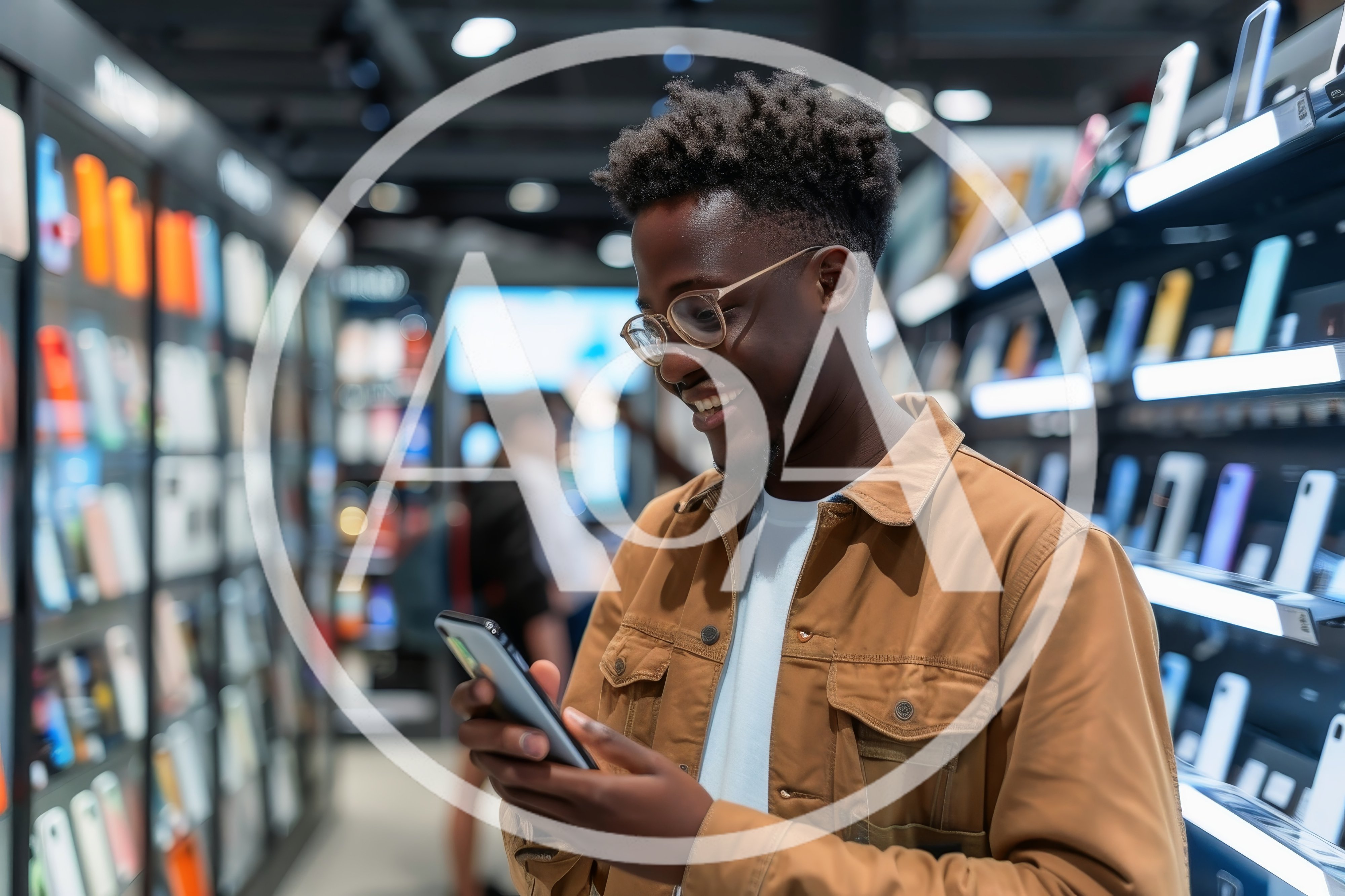 Young Man Browsing Smartphone in Electronics Store