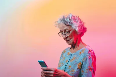 Senior Woman Using Smartphone Under Neon Lighting