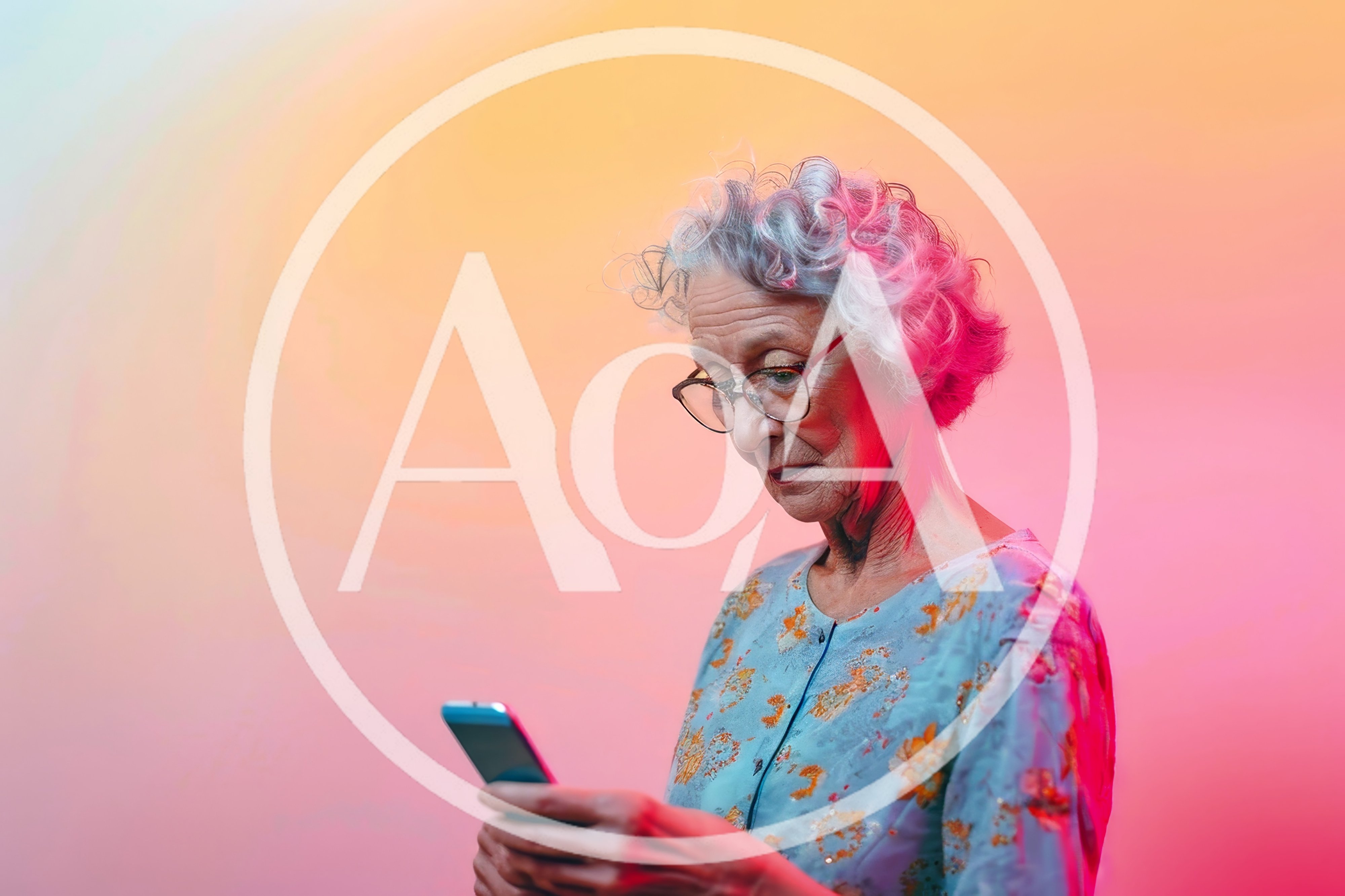 Senior Woman Using Smartphone Under Neon Lighting