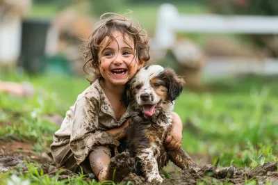 Happy Toddler Playing With Puppy In Mud