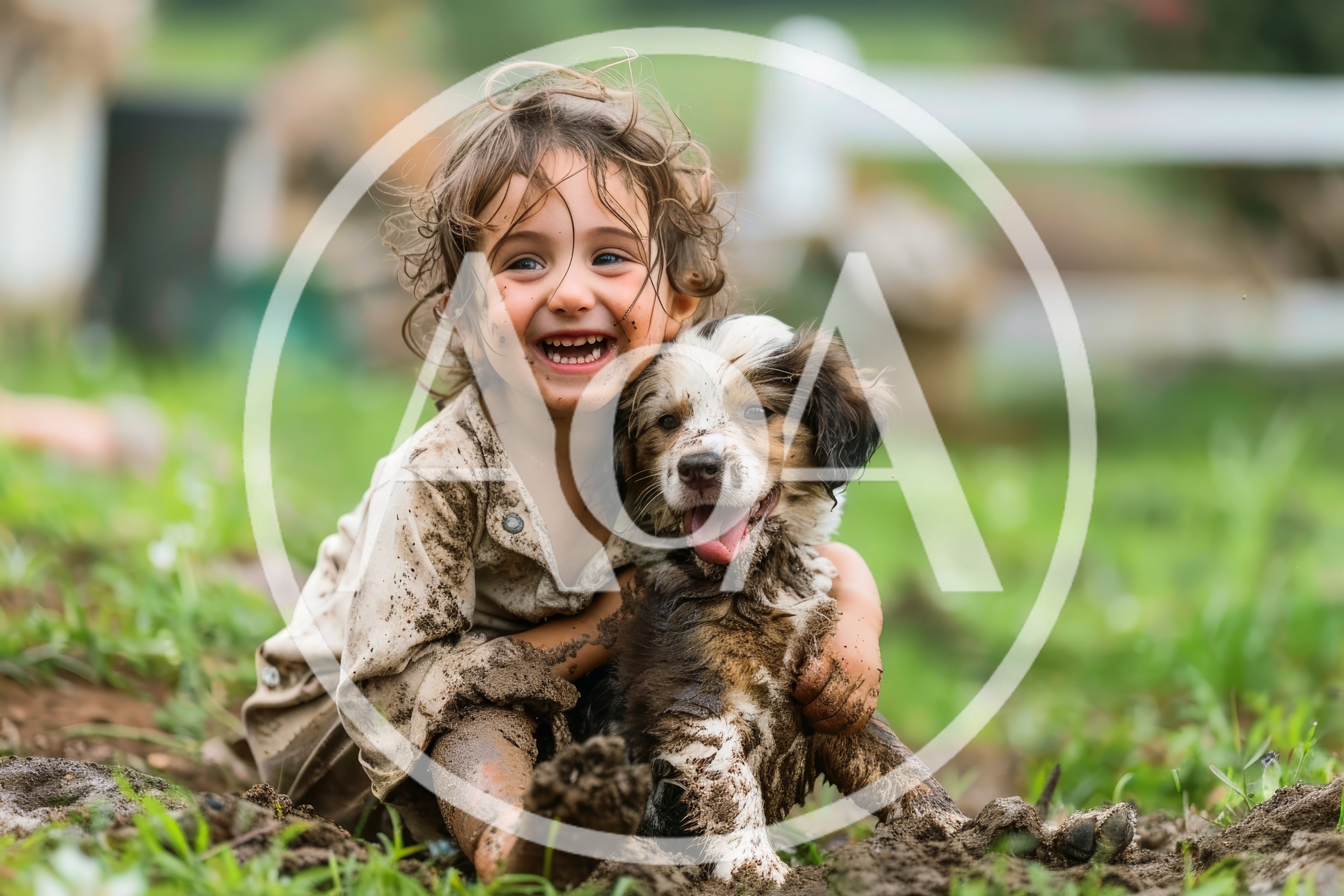 Happy Toddler Playing With Puppy In Mud