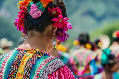 Indigenous Woman Wearing Traditional Embroidered Huipil and Floral Headdress