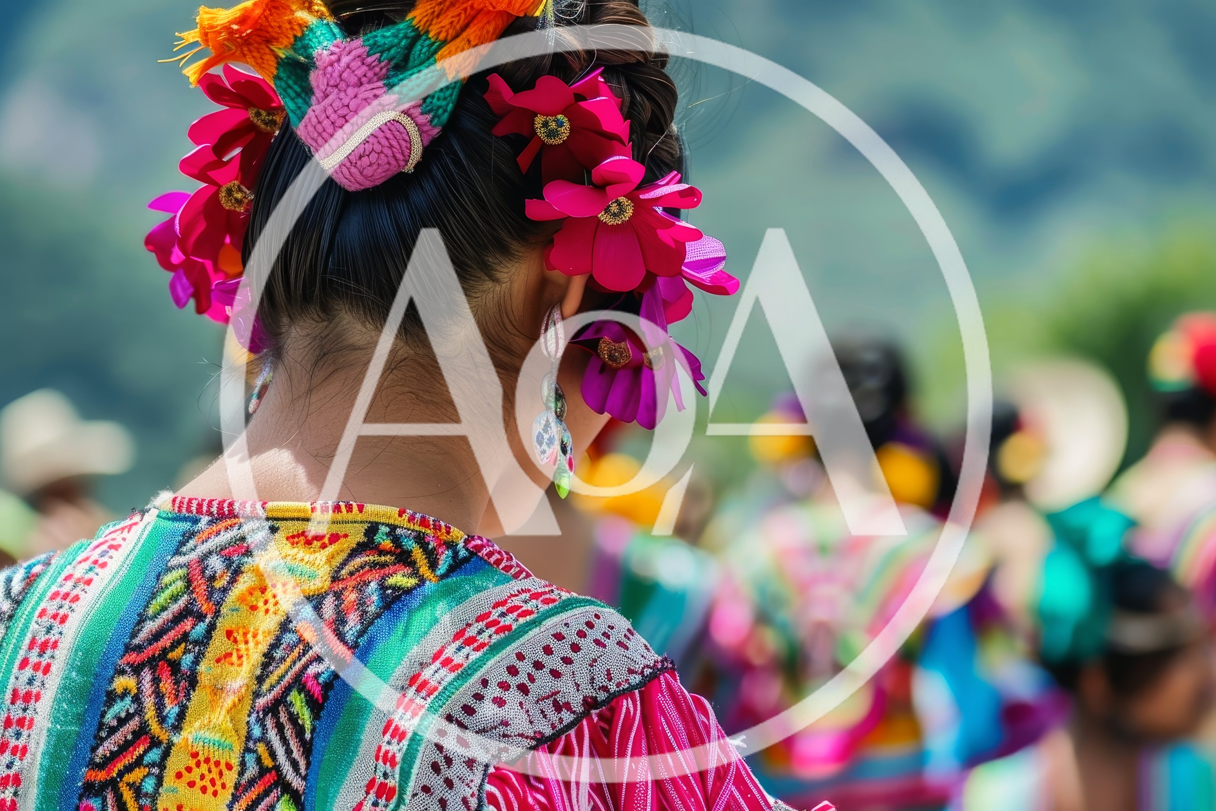 Indigenous Woman Wearing Traditional Embroidered Huipil and Floral Headdress