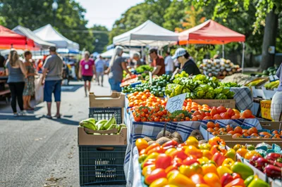 Fresh Produce Display at a Sunny Outdoor Farmers Market