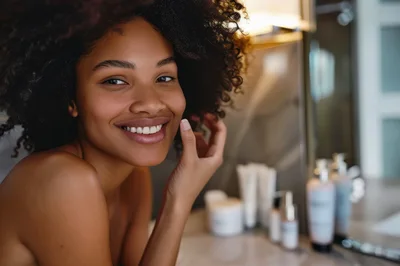 Young Woman Applying Skincare Products In Bathroom