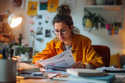 Young Woman Studying Documents At Her Desk