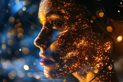 Close Up Portrait Of Woman With Glowing Golden Particles